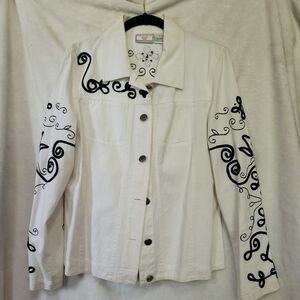 New Identity White Denim Jacket with Black Embroidered Details Size Large